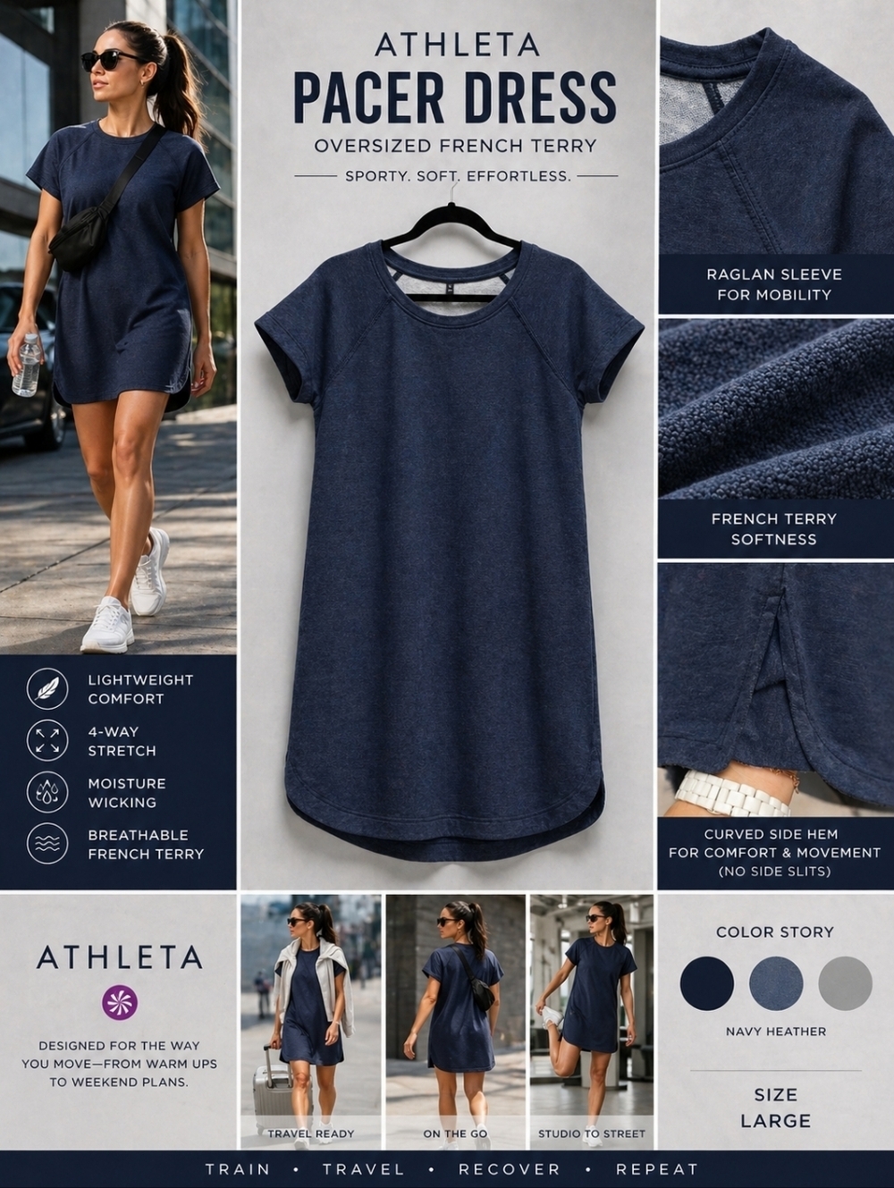 Sz Large Navy Oversized Athleta Pacer French Terry Sweatshirt Dress